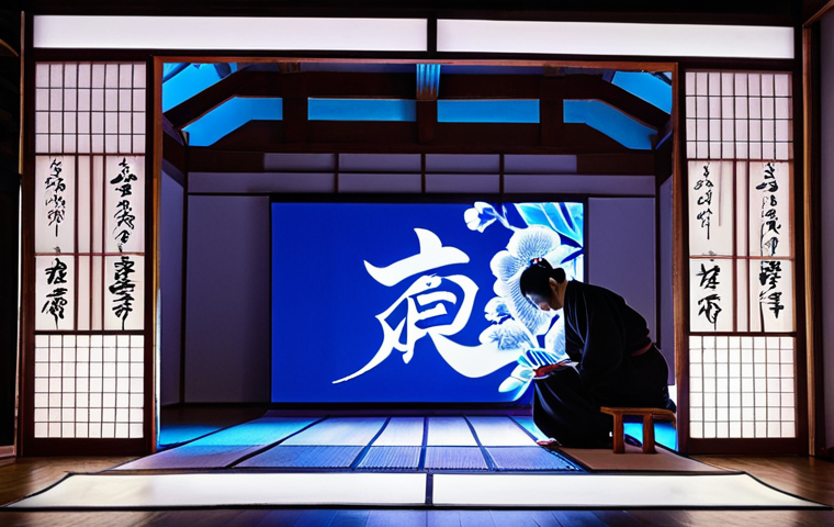 **

A vibrant, modern calligraphy performance blending traditional Japanese Shodo with dynamic projection mapping. Focus on the fusion of old and new, showcasing the energy and innovation.

**
