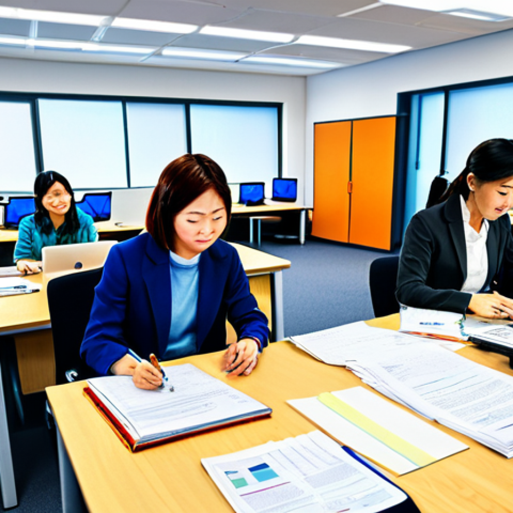 **
"A busy, modern office setting depicting the behind-the-scenes work of an arts organization. Fully clothed professionals collaborate, meeting at desks piled with scripts and marketing materials. Include laptops and documents showing SNS strategies and crowdfunding campaign mockups. Emphasize teamwork and creative energy. Safe for work, appropriate content, fully clothed, professional, perfect anatomy, natural proportions, high quality, digital illustration, vibrant colors, Japanese office environment."
**