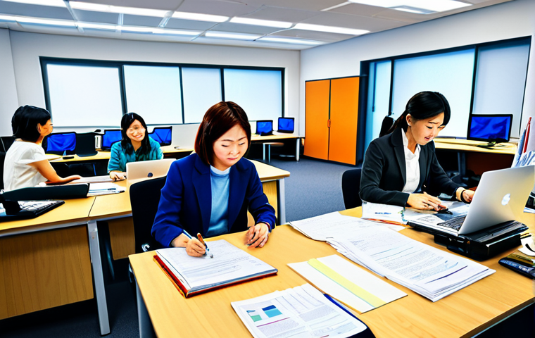 **

"A busy, modern office setting depicting the behind-the-scenes work of an arts organization. Fully clothed professionals collaborate, meeting at desks piled with scripts and marketing materials. Include laptops and documents showing SNS strategies and crowdfunding campaign mockups.  Emphasize teamwork and creative energy. Safe for work, appropriate content, fully clothed, professional, perfect anatomy, natural proportions, high quality, digital illustration, vibrant colors, Japanese office environment."

**
