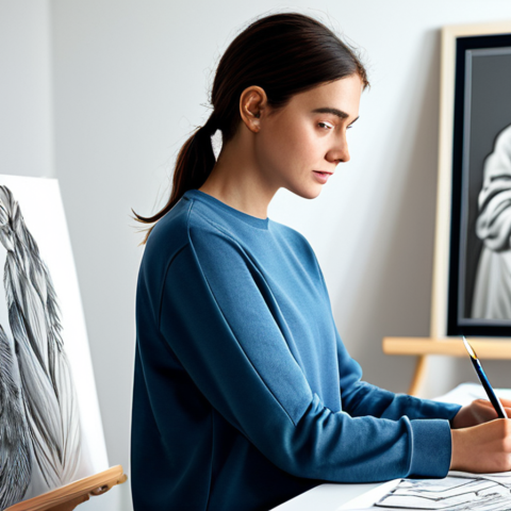 **
A professional female illustrator in her studio, surrounded by artwork and digital drawing tools. She is wearing modest, comfortable clothing suitable for an artist. Natural lighting, soft focus, perfect anatomy, correct proportions, well-formed hands. Safe for work, appropriate content, fully clothed, professional, family-friendly.
**