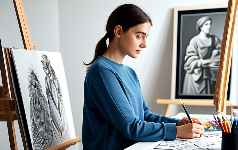 **

A professional female illustrator in her studio, surrounded by artwork and digital drawing tools. She is wearing modest, comfortable clothing suitable for an artist. Natural lighting, soft focus, perfect anatomy, correct proportions, well-formed hands. Safe for work, appropriate content, fully clothed, professional, family-friendly.

**