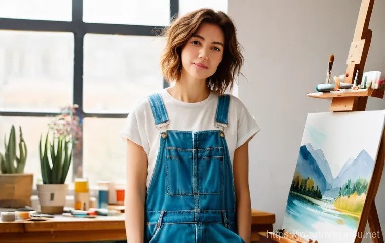 SNS를 활용한 예술 홍보 - **Prompt for an Artist at Work:**
    "A young female artist, mid-20s, with short, messy brown hair ...