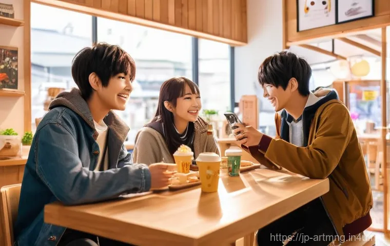 문화예술 IP 비즈니스 - A cheerful and bustling scene inside a themed pop-up cafe for a popular Japanese anime IP. Diverse g...