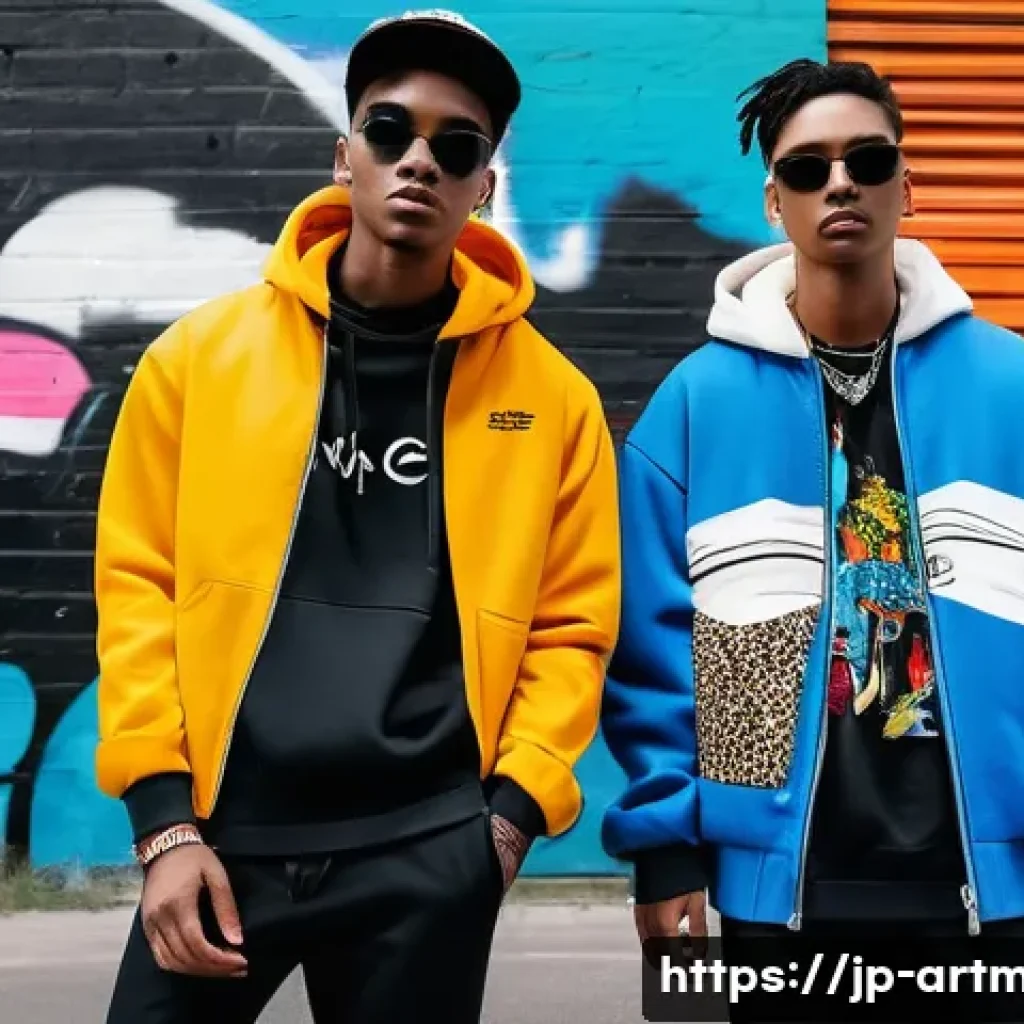 예술과 기업 협업 프로젝트 - A vibrant street fashion scene featuring models wearing limited-edition clothing designed in collabo...