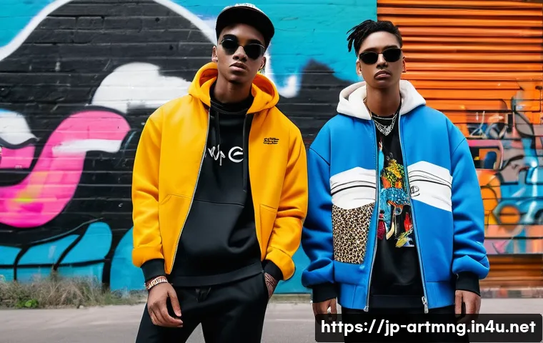 예술과 기업 협업 프로젝트 - A vibrant street fashion scene featuring models wearing limited-edition clothing designed in collabo...