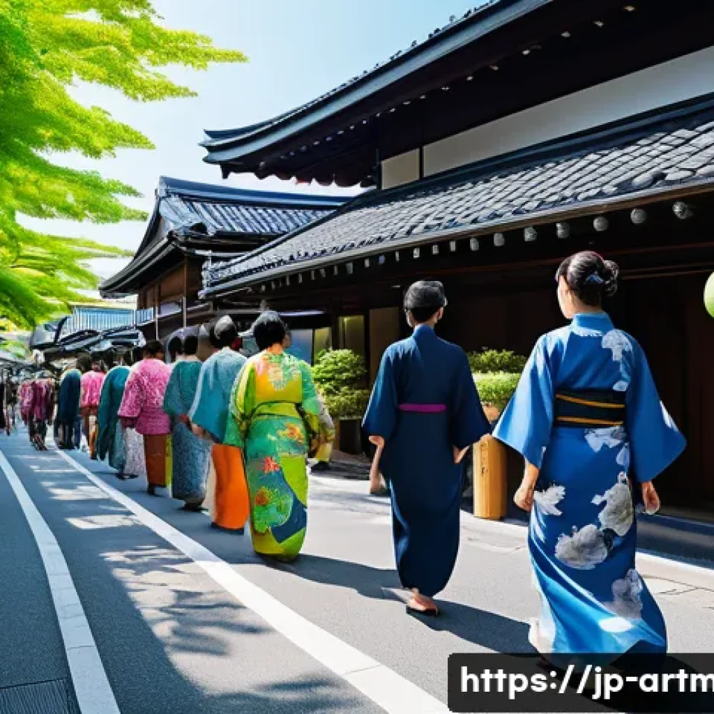 예술과 지역 개발 - A vibrant local Japanese street during a summer art festival, featuring colorful traditional decorat...