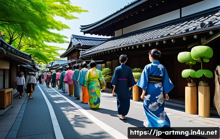 예술과 지역 개발 - A vibrant local Japanese street during a summer art festival, featuring colorful traditional decorat...
