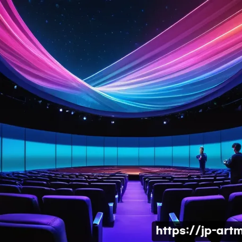 공연예술과 디지털 기술 - A futuristic theater stage with a 360-degree immersive screen displaying vibrant, high-resolution pr...