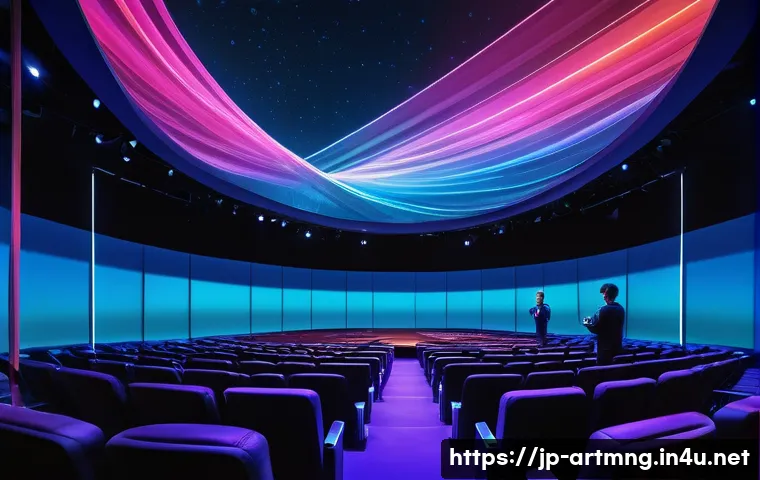 공연예술과 디지털 기술 - A futuristic theater stage with a 360-degree immersive screen displaying vibrant, high-resolution pr...