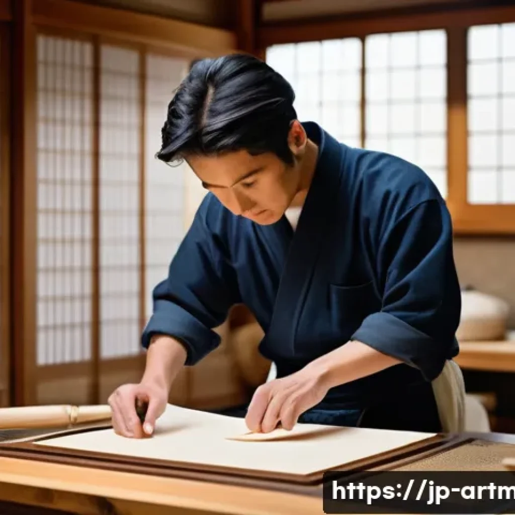 전통 예술과 현대 경영 - A detailed scene of a traditional Japanese artisan workshop where a young craftsman wearing simple m...