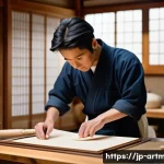 전통 예술과 현대 경영 - A detailed scene of a traditional Japanese artisan workshop where a young craftsman wearing simple m...