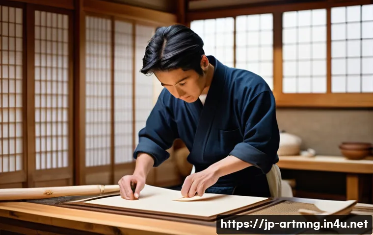 전통 예술과 현대 경영 - A detailed scene of a traditional Japanese artisan workshop where a young craftsman wearing simple m...