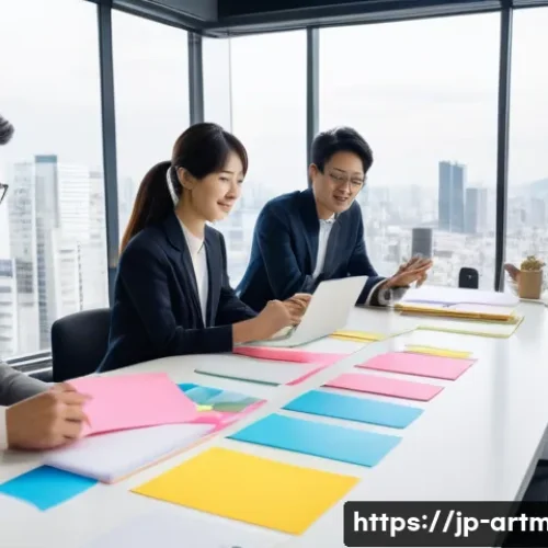 예술경영 인턴십 경험담 - A modern Japanese creative team brainstorming session in a bright, spacious office with large window...