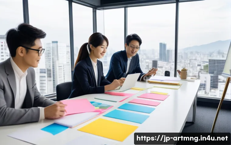 예술경영 인턴십 경험담 - A modern Japanese creative team brainstorming session in a bright, spacious office with large window...