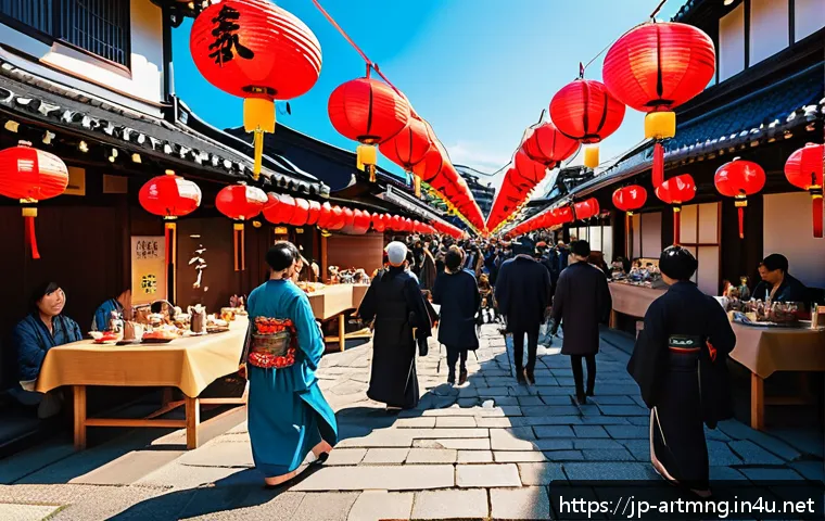 문화예술과 경제적 가치 분석 - A vibrant Japanese local art festival scene in a lively small town, with thousands of visitors enjoy...