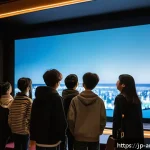공연 티켓 판매 전략 - A vibrant theater lobby scene featuring diverse young Japanese audience members excitedly watching a...