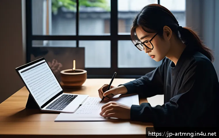 문화예술 법률 컨설팅 - A modern Japanese creative workspace with a young artist carefully reviewing copyright contracts on ...