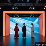 공연예술 제작과 유통 - A futuristic theater scene showcasing a live VR stage performance where diverse actors wearing styli...