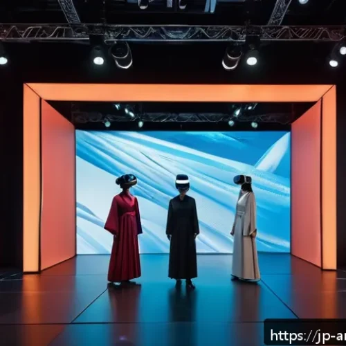 공연예술 제작과 유통 - A futuristic theater scene showcasing a live VR stage performance where diverse actors wearing styli...