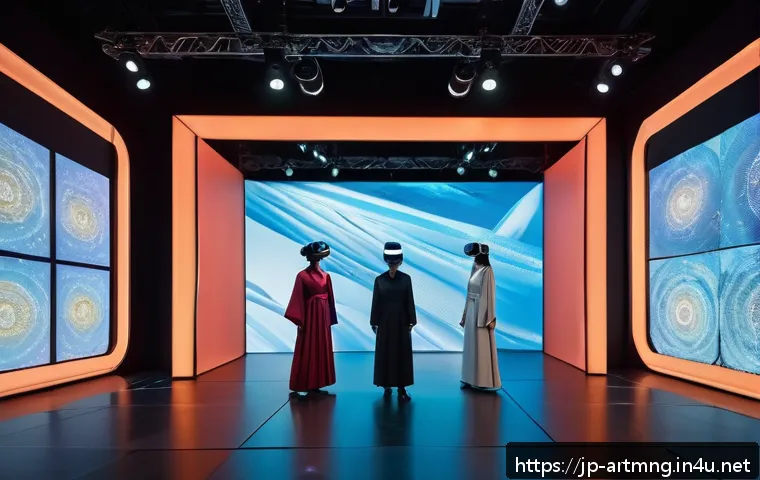 공연예술 제작과 유통 - A futuristic theater scene showcasing a live VR stage performance where diverse actors wearing styli...