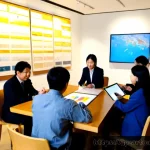 예술경영 연구 방법론 - Photorealistic arts management research meeting in a contemporary Tokyo museum office, diverse Japan...