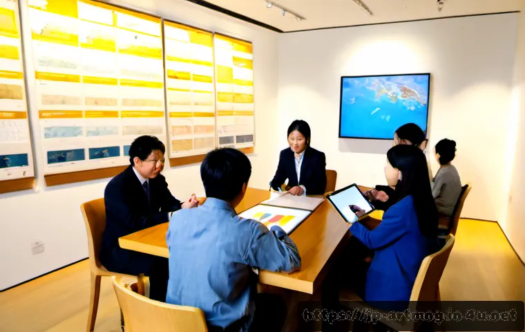 예술경영 연구 방법론 - Photorealistic arts management research meeting in a contemporary Tokyo museum office, diverse Japan...